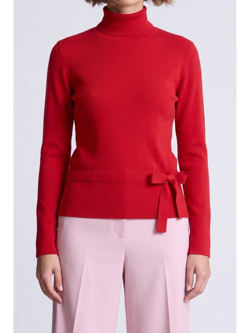 Exhibit A Red Silk Blend Turtleneck Sweater w/ Tie Waist Size Medium